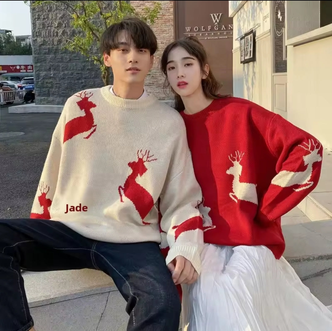 Couple's Christmas Sweater | Oversized Reindeer Knit Jumper | Unisex Winter Pullover