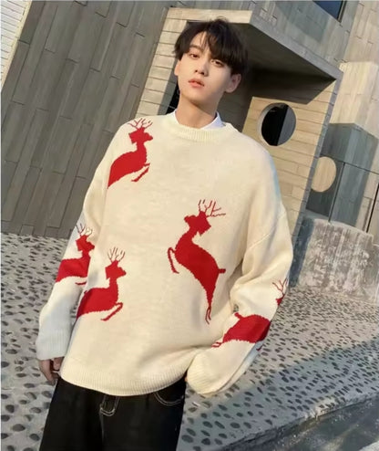 Couple's Christmas Sweater | Oversized Reindeer Knit Jumper | Unisex Winter Pullover