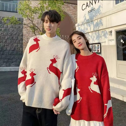 Couple's Christmas Sweater | Oversized Reindeer Knit Jumper | Unisex Winter Pullover